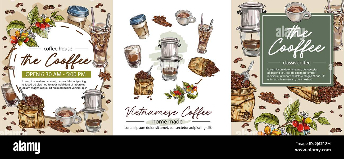 set hand drawn set of coffee elements coffee cups with vietnamese coffee drip vector illustration graphic style elements postcard sticker menu 2J63RGM