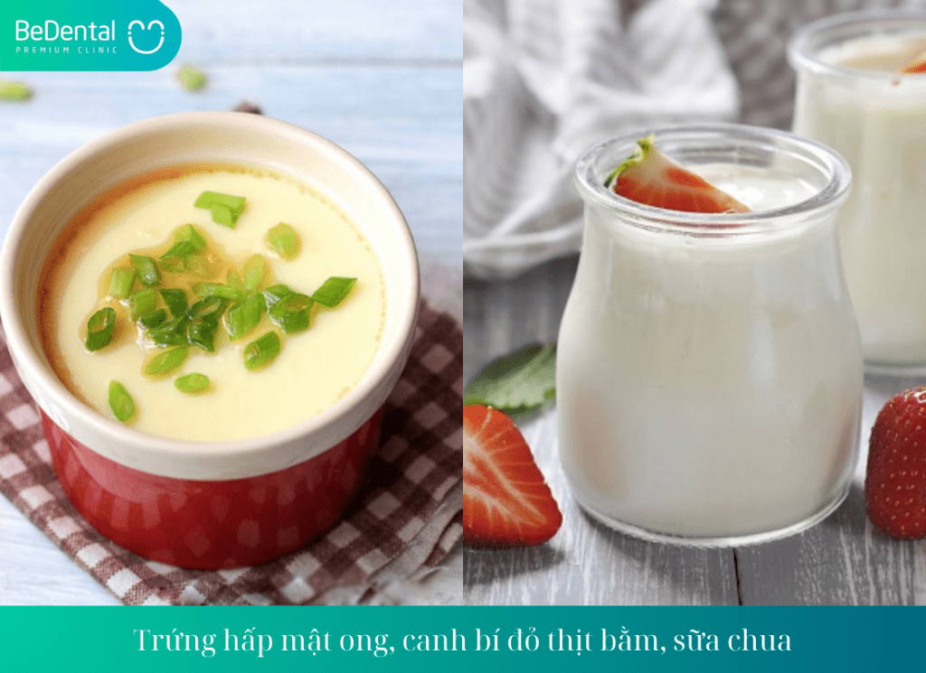 Trứng hấp mật ong, canh bí đỏ thịt bằm, sữa chua