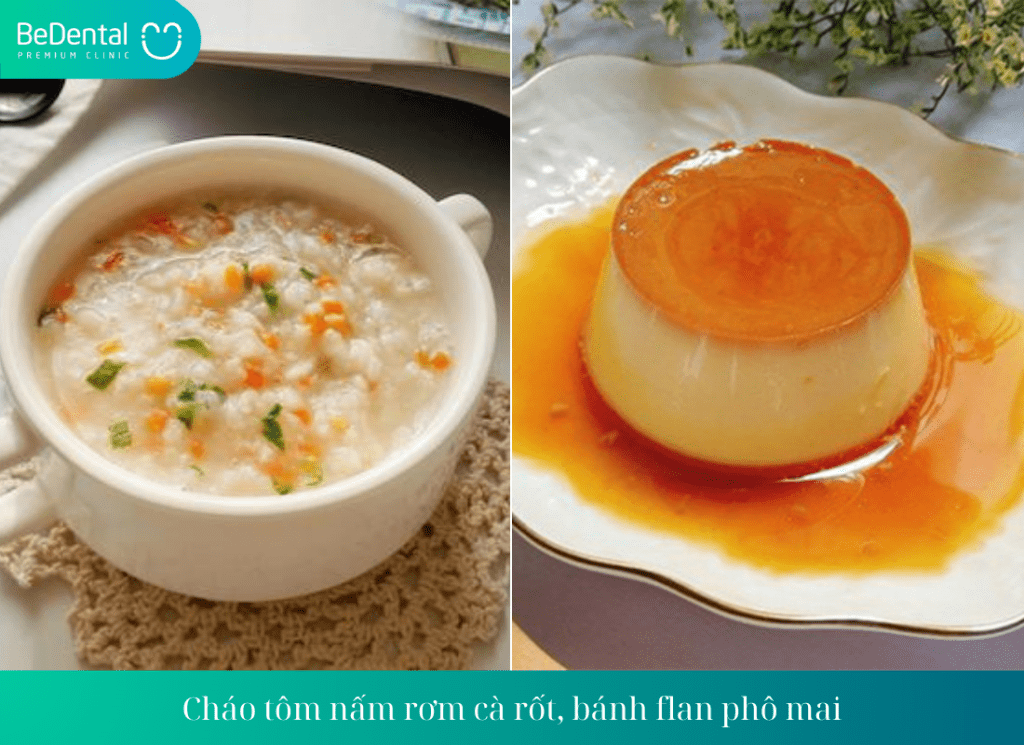 Cháo tôm nấm rơm cà rốt, bánh flan phô mai