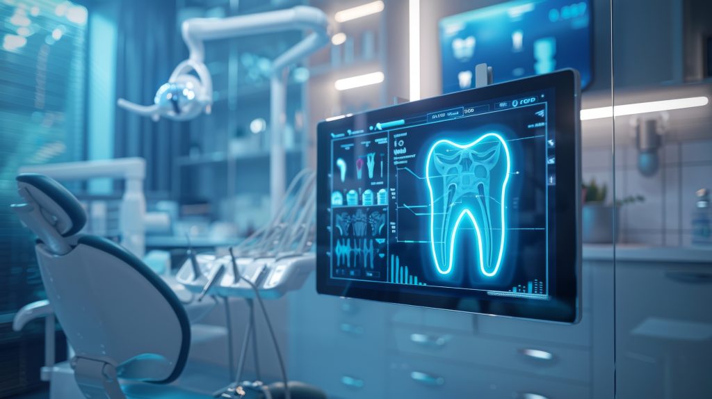 modern dental clinic interior with interactive 3d tooth infographic display